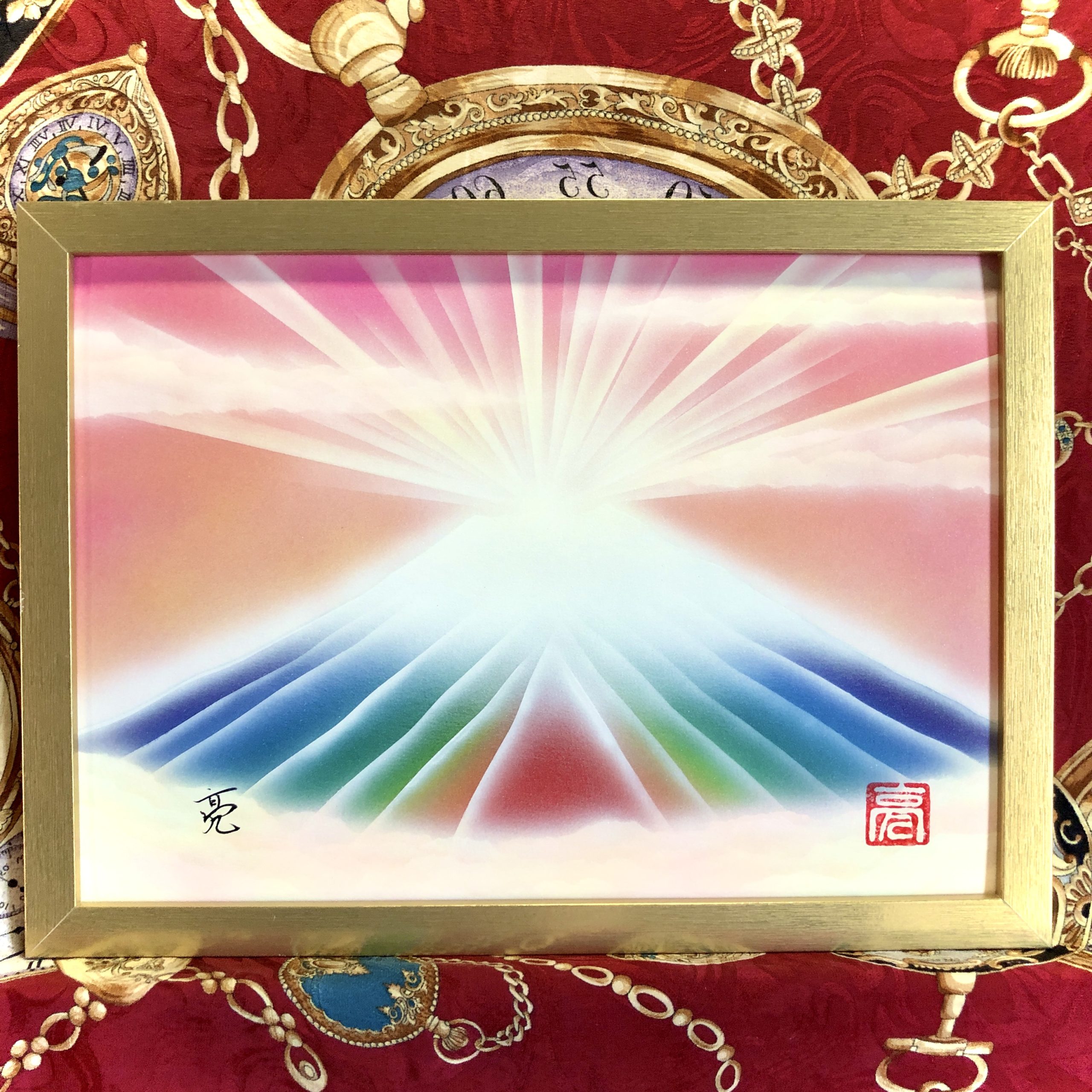 【縁起の良い絵画】幸運をもたらす奇跡の雲海ダイヤモンド虹富士山・開運アート【A4サイズ金額縁付き】
