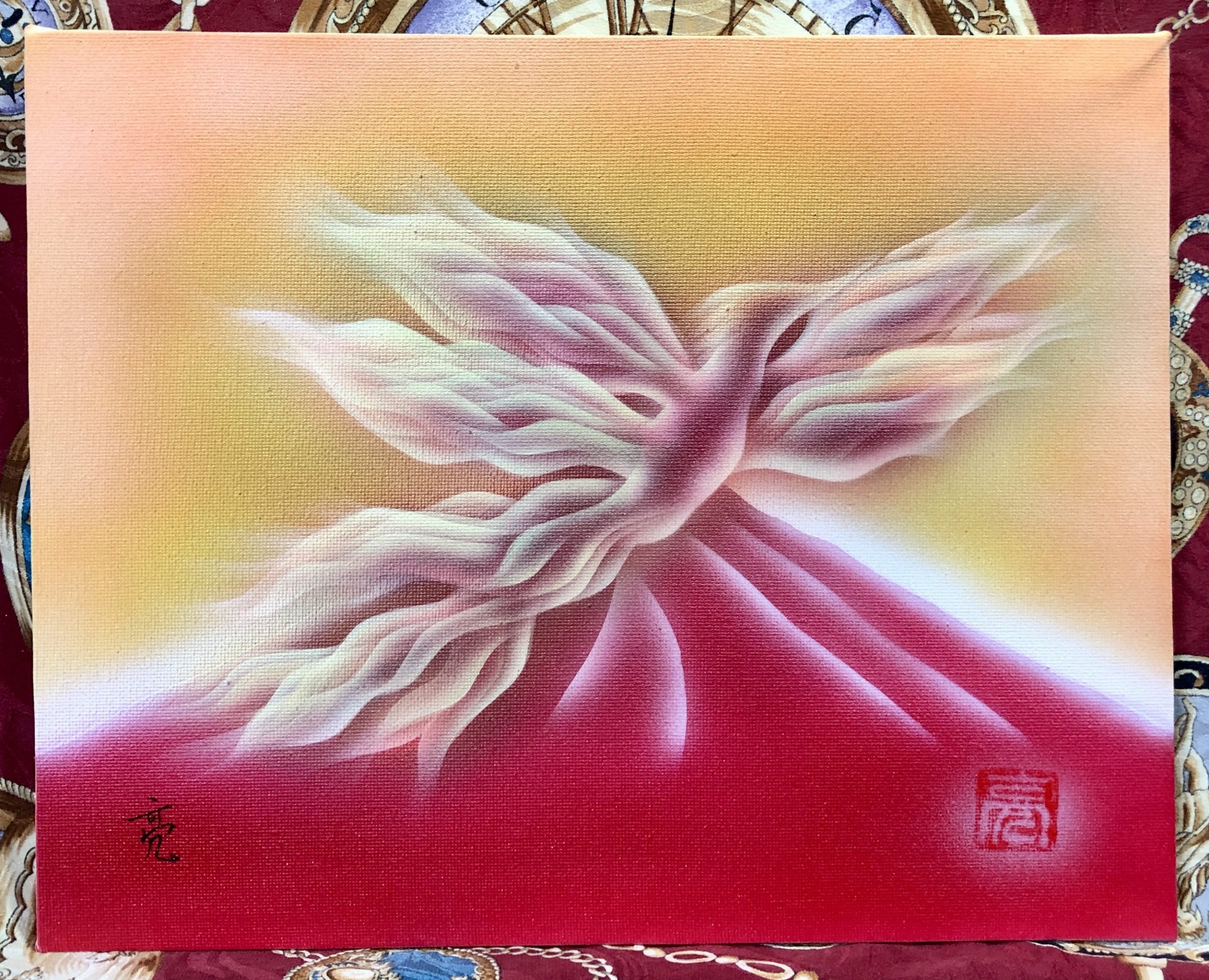 【現代アート】赤富士鳳凰 F3号サイズ スピリチュアルアーティストRyo
